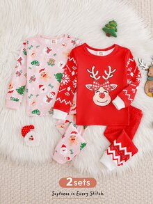 Cozy Pixies 嬰兒/幼兒可愛舒適新年聖誕馴鹿卡通雪人聖誕樹聖誕老人圖案長袖上衣 + 長褲貼身居家服2件套（4件裝） - 彩色 - 查看 3