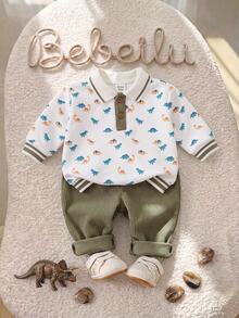 SHEIN 新生兒可愛卡通圖案印花 Polo 衫與鬆緊腰長褲套裝 - 軍綠色 - 查看 3