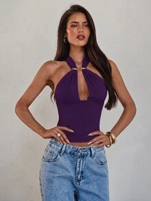 Aloruh 女款純色鏤空修身掛脖上衣，適合日常穿搭的多功能款式 - 紫色 - 查看 6