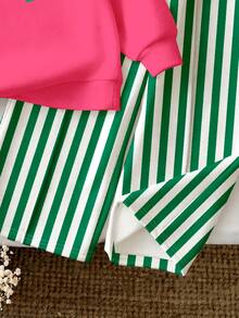 THE HAPPY LOOK Baby Girl Soft Letter Print Long Sleeve Crew Neck Sweatshirt And Striped Wide Leg Autumn Pants Set Streetwear - Multicolor - View 10