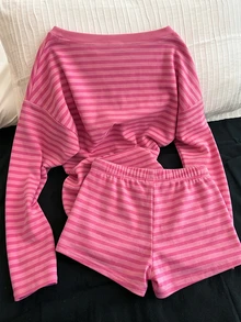 INAWLY Women's Striped Long Sleeve T-Shirt & Drawstring Waist Shorts 2pcs Set - Pink - View 2