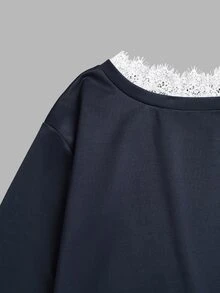 Holdful Holdful Women's Lace Patchwork Cold Shoulder Long Sleeve Mini Dress - Navy Blue - View 3