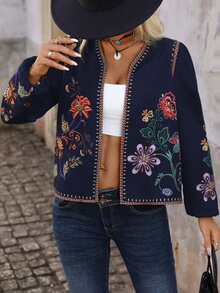 Brillora Women's Floral Pattern Casual Daily Long Sleeve Jacket - Navy Blue - View 5