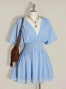 SHEIN ICON 大尺碼荷葉袖V領收腰A字洋裝，適合海灘度假、波希米亞風、嬉皮風、Y2K，適用夏季、夏季假期、情人節、優雅約會洋裝 - 淺藍色 - 查看 1