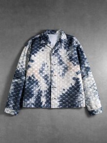 ROMWE MEN Digital Print Brand 3D Plaid American Vintage Bubble Check Tie-Dye 2 In 1 Shacket Unisex Double Layer Patchwork Gradient Old Blue & White Loose Lapel Workwear Jacket - Multicolor - View 4