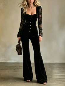 LUMIGAL Women's Lace Patchwork Casual Daily Wear Jumpsuit Long Pants - Black - View 3