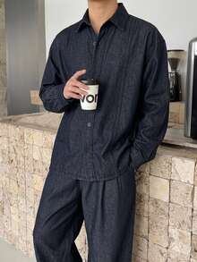 DAZY Men's Turn-Down Collar Single-Breasted Long Sleeve Top And Solid Color Long Pants Denim Set - Navy Blue - View 1