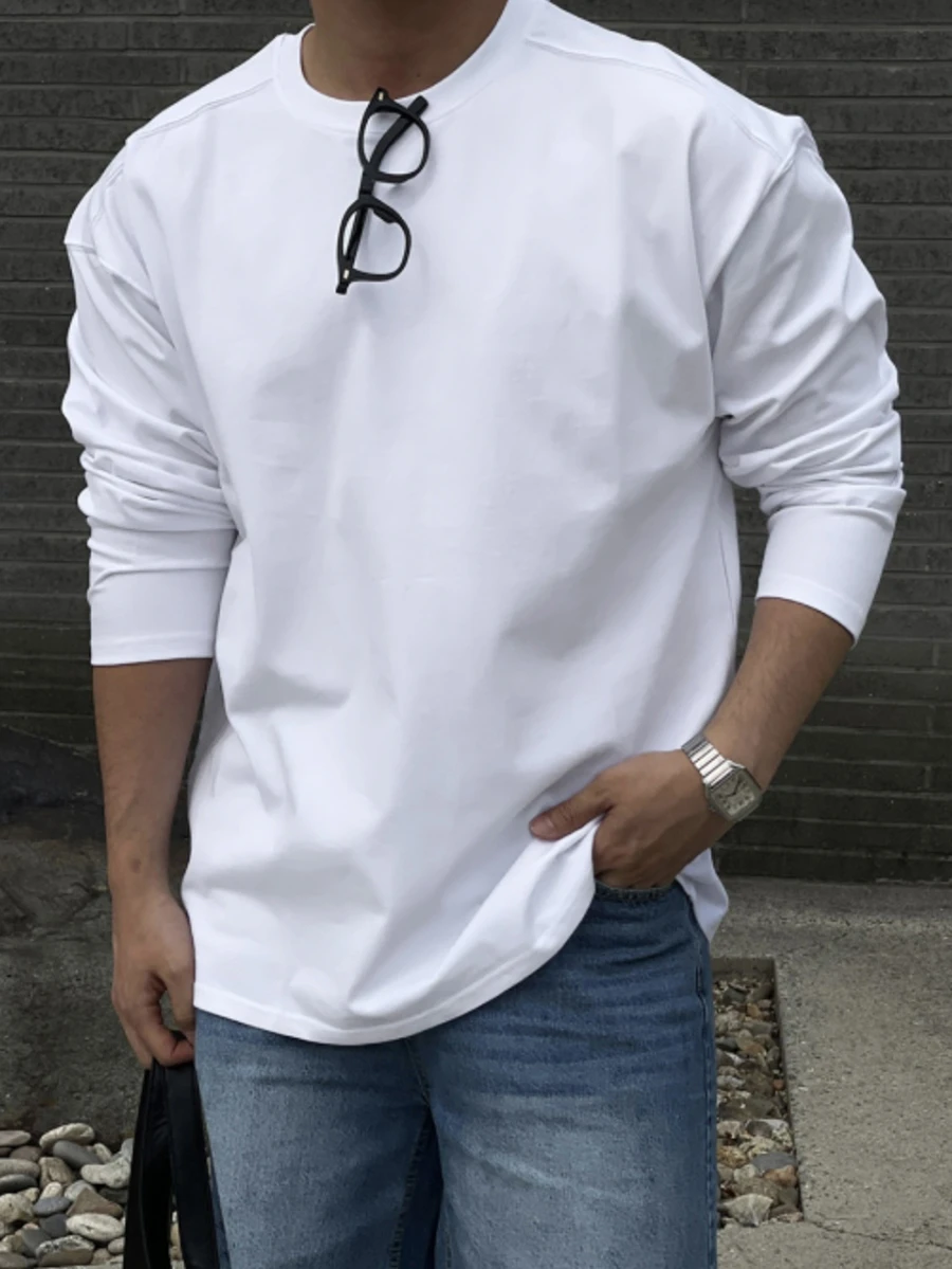 DAZY 男士純色休閒百搭長袖T恤,適合日常穿著 - 白色 - 查看 1