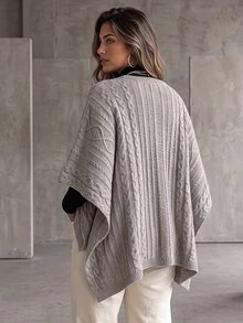 Ceyna Plus Size Women's Fashion Cable Rope Grey Crew Neck Poncho Sweater Pullover Casual Smart Loose Cape Outerwear Top For Autumn/Winter Formal Holiday - Khaki - View 2