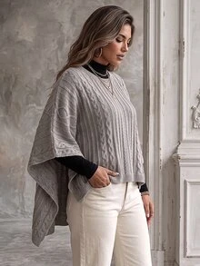 Ceyna Plus Size Women's Fashion Cable Rope Grey Crew Neck Poncho Sweater Pullover Casual Smart Loose Cape Outerwear Top For Autumn/Winter Formal Holiday - Khaki - View 4