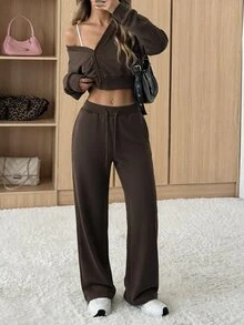 SHEIN EZwear Women's Solid Color Casual Button Long Sleeve Top And Drawstring Waist Pants Set - Brown - View 4