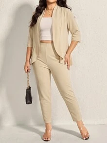Comfylo Plus Size Women Solid Color 3/4 Sleeve Blazer And Pants 2 Pieces Set, Business Casual Style - Apricot - View 4