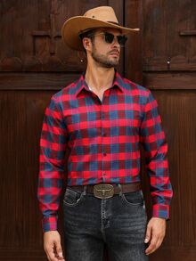 Manfinity Mode 男士簡約紅黑格紋長袖襯衫，鈕扣開襟休閒襯衫，適合派對與秋季穿著 - 紅色 - 查看 3