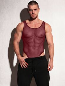 DSELFIQUE Men's Solid Color Sleeveless Sheer Casual Everyday Tank Top Jumpsuit - Burgundy - View 1