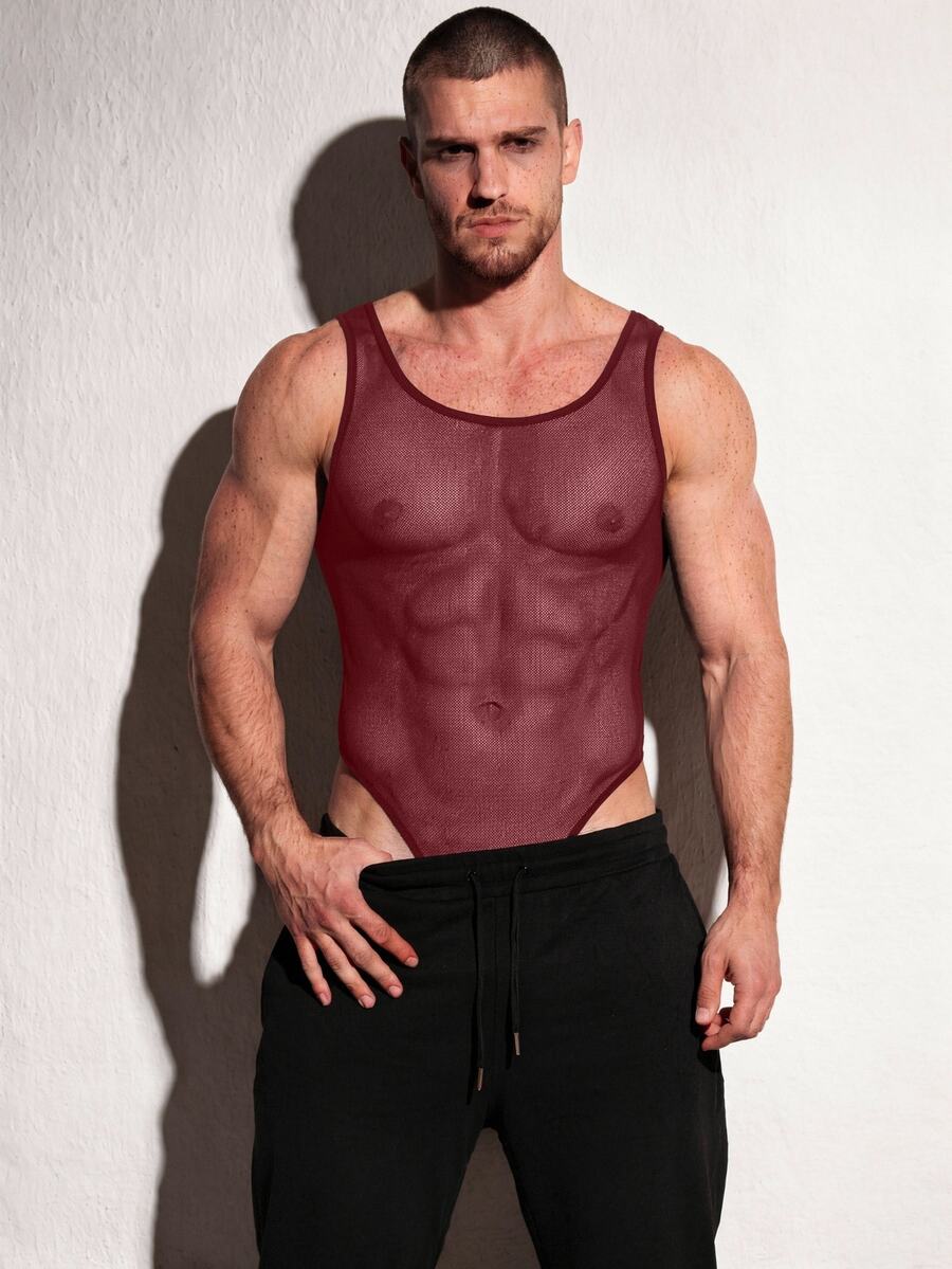 DSELFIQUE Men's Solid Color Sleeveless Sheer Casual Everyday Tank Top Jumpsuit - Burgundy - View 1