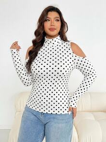 Shapeblank Minimalist Polka Dot Casual Slim Fit Cold Shoulder High Neck T-Shirt Plus Size Autumn/Winter - Multicolor - View 5