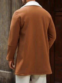 Calvornis 男士棕色羊毛大衣，優雅時尚休閒秋冬卡其色雙排扣夾克，抓絨內裡，保暖防風長款外套 - 棕色 - 查看 2