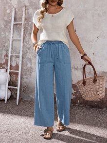 SHEIN MOD Women's Elastic Waist Drawstring Tie Pocket Denim Jeans - Light Wash - View 6