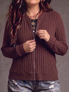 Glimmora New Plus Size Women's Fashion Casual Ribbed Textured Brushed Cardigan Jacket - Brown - View 3