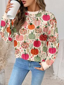 SHEIN CURVE+ 女款萬聖節南瓜印花長袖圓領套頭運動衫（秋冬）- 休閒極簡大尺碼運動衫 - 彩色 - 查看 4