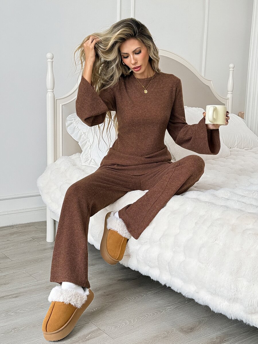 Easowa Women's Fashion Casual Solid Color Round Neck Long Sleeve Top & Pants Two Pieces Set - Brown - View 1