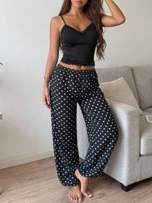 DAZY طقم بيجامة نسائي صيفي بحمالات رفيعة وتصميم فضفاض مع دانتيل مرقع ونقشة بولكا دوت - الأسود - مشاهدة 4