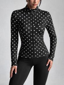 Easithlete Easithlete Women's Autumn/Winter Split Line Decor Black & White Polka Dot Print Zipper Jacket - Black and White - View 5
