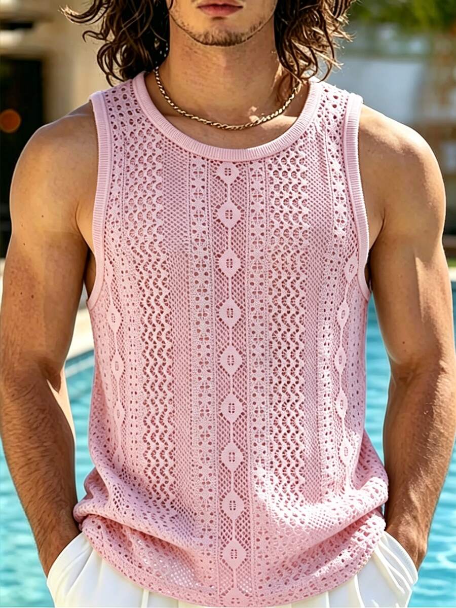 TONEVAULT Men's Solid Color Casual Versatile Daily Wear Top - Pink - View 1