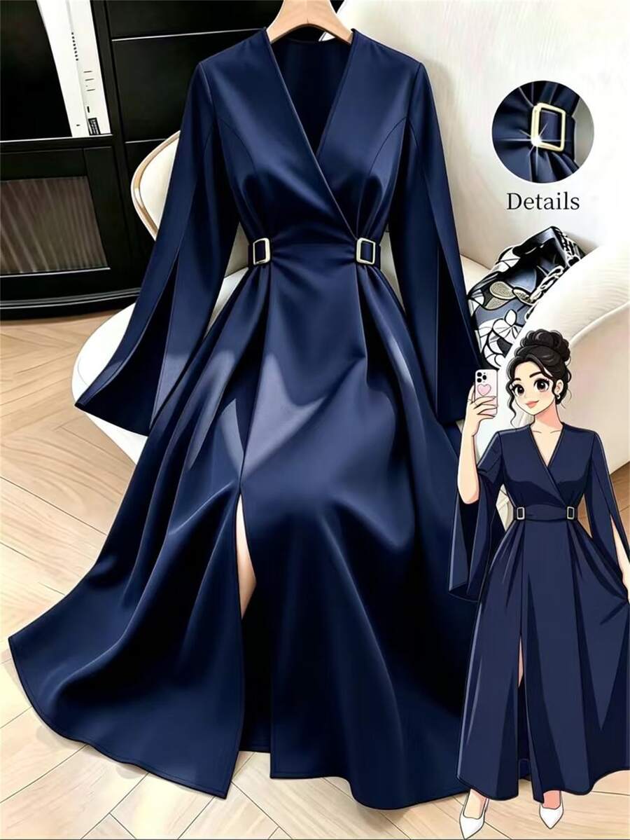 GlowEve CURVE 大尺碼女款優雅V領長袖中長洋裝,金屬扣飾,前開衩A字裙,適合辦公室晚餐正式場合、雞尾酒會,海軍藍,秋冬款 - 藏蓝色 - 查看 1