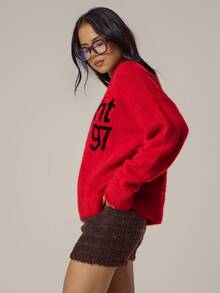 MUSERA Graphic Slogan Knit Drop Shoulder Fluffy Sweater Jumpsuit, Spring Casual Daily Wear For Girls, Cute Sweet Pea Spring Style - Red - View 3
