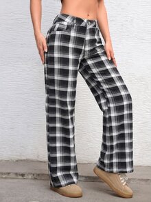 Jeanoix Petite Women's Streetwear Button Pocket Plaid Y2K Denim Jeans - Multicolor - View 4