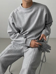 DAZY Autumn/Winter Thermal Lined Gray Floral Crew Neck Long Sleeve Ribbed Cuff & Hem Sweatshirt With Elastic Waist & Cuffed Jogger Pants Korean Style Men's Pullover Set - Grey - View 1