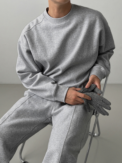 DAZY Autumn/Winter Thermal Lined Gray Floral Crew Neck Long Sleeve Ribbed Cuff & Hem Sweatshirt With Elastic Waist & Cuffed Jogger Pants Korean Style Men's Pullover Set