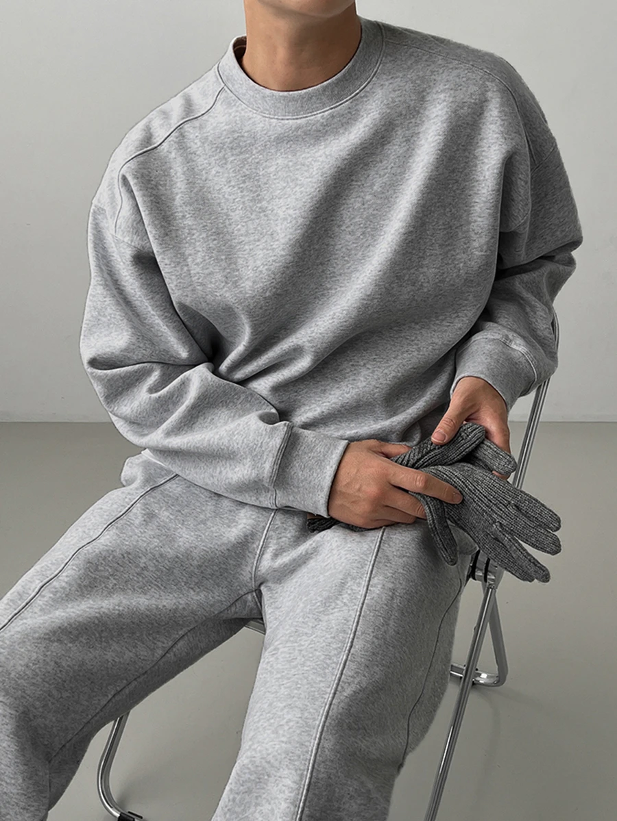 DAZY Autumn/Winter Thermal Lined Gray Floral Crew Neck Long Sleeve Ribbed Cuff & Hem Sweatshirt With Elastic Waist & Cuffed Jogger Pants Korean Style Men's Pullover Set - Grey - View 1