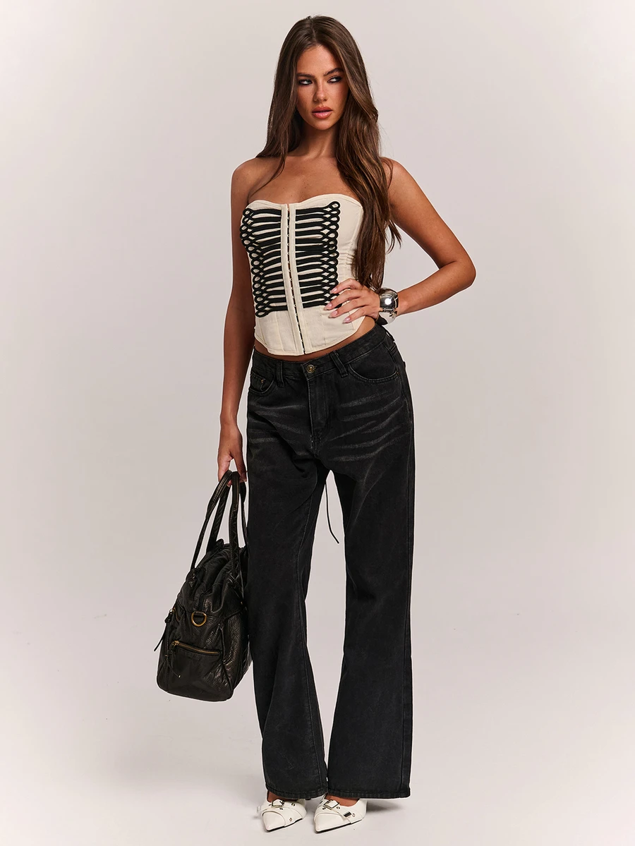 SHEIN BAE Atasan Tube Tanpa Tali Seksi Wanita Musim Gugur & Musim Dingin dengan Trim Webbing Warna Kontras yang Elegan - Hitam dan Putih - View 1