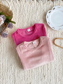 5pcs Randomly Sent 2pcs Autumn/Winter Girls Soft Comfortable Double-Sided Vertical Striped Fleece Pink Deep Pink Khaki Purple Black Multi-Color Randomly Sent Soft Comfortable Simple Long Sleeve Tops 2pcs Set Can Be Worn As Inner Layer Or Outerwear - Multicolor - View 4