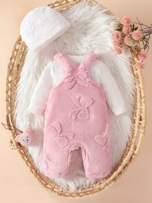 SHEIN 3件組女嬰連身衣上衣帽子套裝，可愛甜美粉色白色蝴蝶結貼花，毛茸茸刷毛長袖圓領加厚款，生日派對冬季聖誕節假期套裝 - 粉色 - 查看 2
