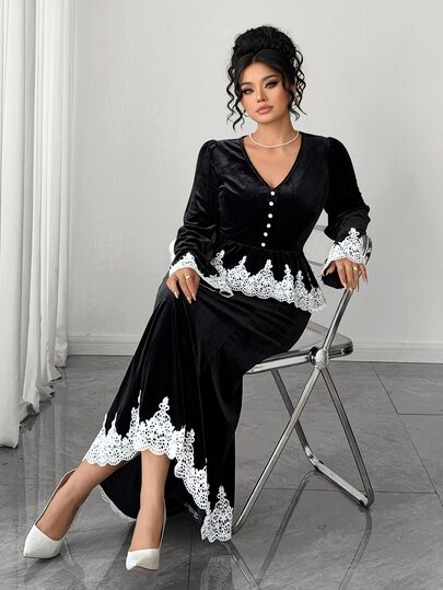 Elenzga Women's Fashion Elegant V-Neck Trumpet Sleeve Contrast Lace Hem Velvet Top And Elastic Waist Contrast Lace Hem Velvet Mermaid Skirt 2 Pieces Set