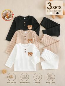 SHEIN Vintaside Kids 2件組幼兒男嬰上衣褲子套裝 可愛卡其色白色灰色 羅紋熊貼布 長袖圓領 常規休閒款 秋季聖誕節假期穿搭 - 彩色 - 查看 1
