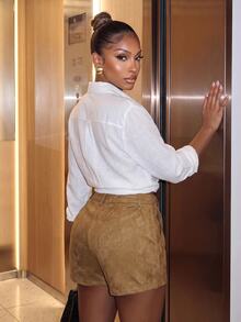 SHEIN SXY Women Casual Kaki Shorts ,Work Outfits, - Coffee Brown - View 2
