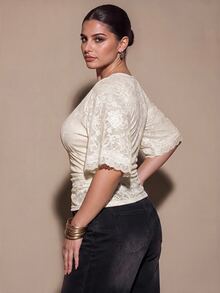 SHEIN BAE CURVE Áo blouse xếp ly phối ren phong cách lãng mạn ngọt ngào size lớn - Màu be - Xem 5