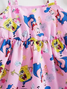 SpongeBob SquarePants | SHEIN Young Girl Vacation Cartoon Print Spaghetti Strap Dress - Pink - View 4