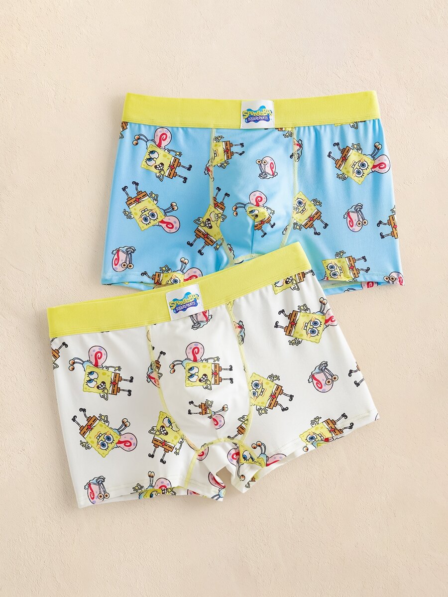 SpongeBob SquarePants | SHEIN 男士趣味卡通圖案印花四角內褲 - 藍白色 - 查看 1