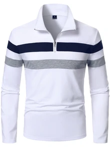 Manfinity Homme 男士條紋拼接撞色拉鍊半開襟 Polo 衫 - 彩色 - 查看 5