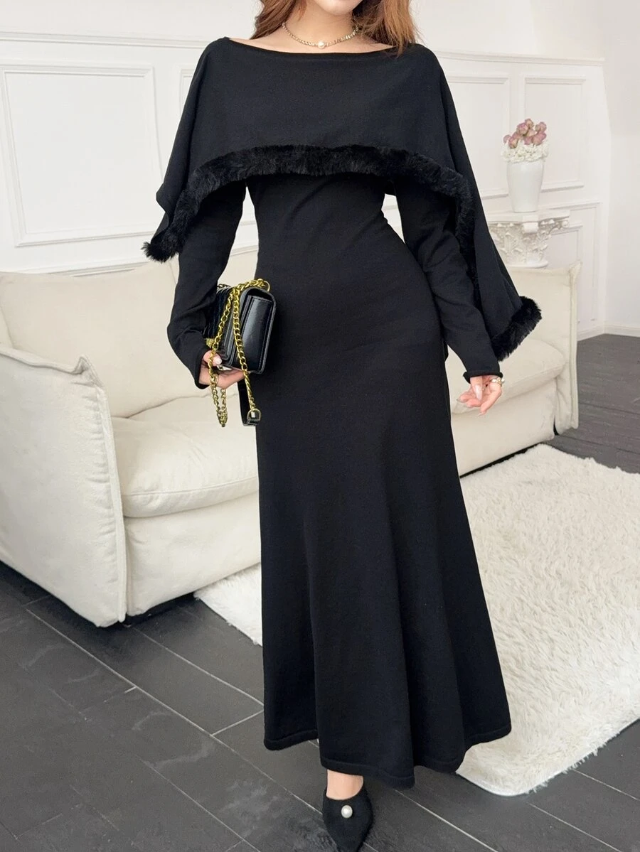 Feyla Women's Solid Color Asymmetrical Shoulder Casual Daily Knit Dress - Black - View 1