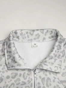 SHEIN 青少年女孩半拉鍊寬鬆運動衫，豹紋印花，街頭風，適合日常通勤 - 灰色 - 查看 6