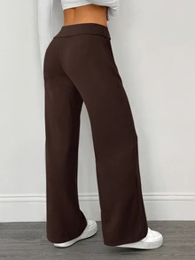 SHEIN PETITE 2件組女款休閒極簡高腰摺疊寬腿直筒長褲，適合夏季 - 彩色 - 查看 2