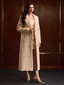 MOTF PREMIUM WOMEN'S AUTUMN/WINTER WOOL BLEND JEWELRY EMBELLISHED EMBROIDERED MID-LENGTH COAT - Beige - View 3