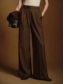 Anewsta Essential Women's Modern Retro Striped Loose Wide Leg Pants, Relaxed Drape Old Money Style Straight Leg Slimming Commute Versatile Casual Long Trousers - Coffee Brown - View 1