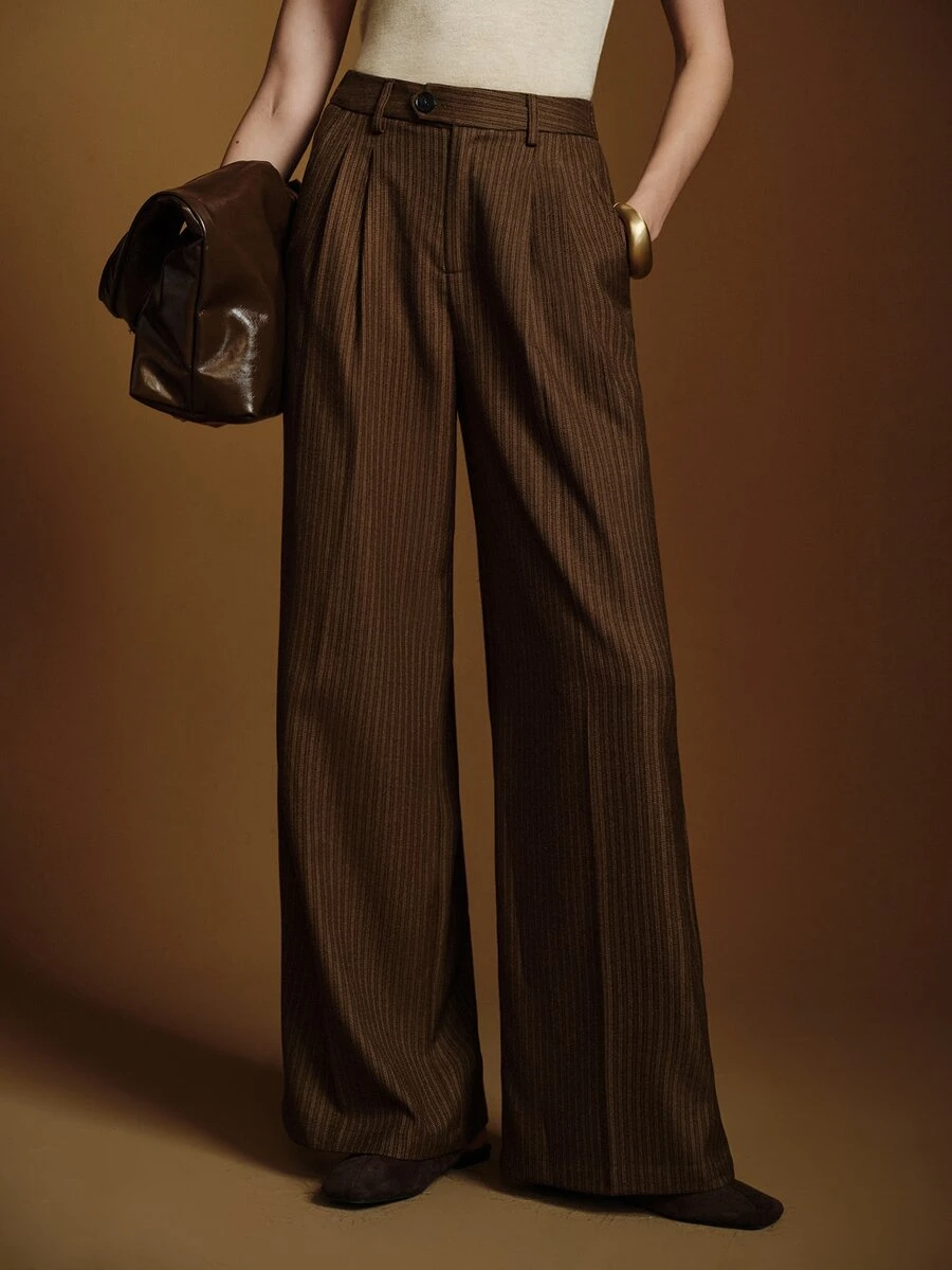 Anewsta Essential Women's Modern Retro Striped Loose Wide Leg Pants, Relaxed Drape Old Money Style Straight Leg Slimming Commute Versatile Casual Long Trousers - Coffee Brown - View 1